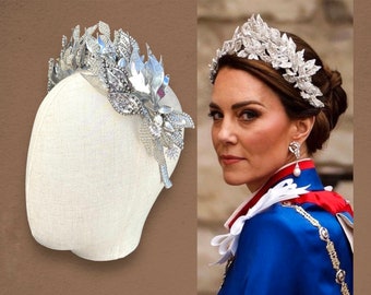 Catherine coronation silver crown Kate leaves tiara laurel wreath embroidered design leaf fascinator Goddes Greek headpiece royal hairpiece