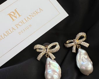 Baroque pearl earrings 18K wedding statement jewelry zirconia bridal accessories bride coquette bijoux handmade elegant design for women