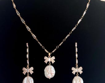 18K pearl jewelry set wedding zirconia earrings bow bridal necklace coquette bride statement bijou elegant handmade crystal gift for women