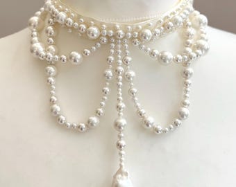 Pearl necklace choker handmade fashion jewelry  wedding accessory for brides couture bridal trend 2025 medieval baroque style draping design