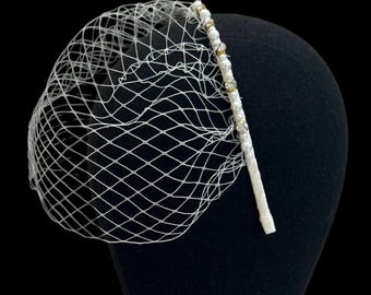 Bridal pearl headband wedding birdcage headpiece mesh veil bride hair piece elegant headdress for women embellished with crystals and beads