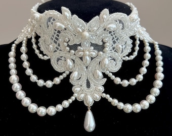 Lace pearl necklace bridal choker embroidered  baroque jewelry wedding fashion accessory couture medieval bijoux trend bride draped design