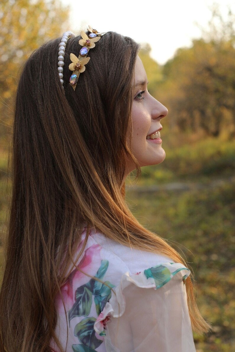Butterfly hair jewelry pearl tiara crystal double headband Etsy