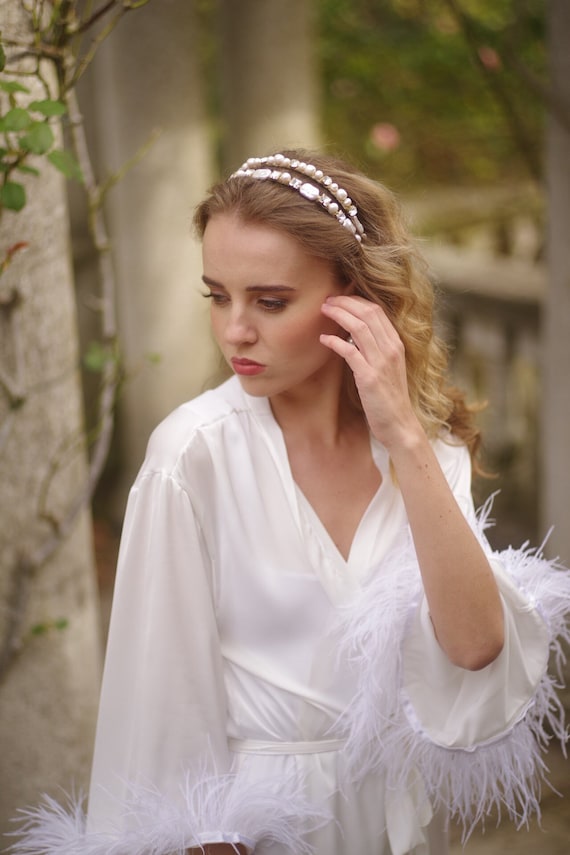 Set of Bridal Headbands Double Pearl Hair Piece Wedding  display picture 2