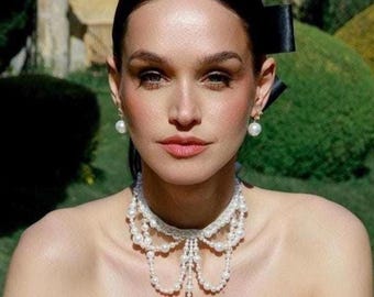Pearl choker necklace embroidered fashion jewelry wedding accessories for brides bridal trend 2025 medieval baroque style couture ribbon
