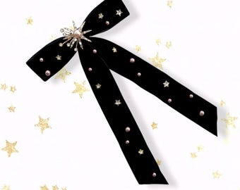 Black velvet bow star crystal hair comb Christmas gift for her womens barrette jeweled clip headpiece embellished hairpiece beaded accessory
