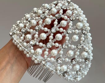 Statement wedding head piece pearl bridal hairpiece crystal hair jewelry mesh fascinator bride headband Renaissance style beaded headdress