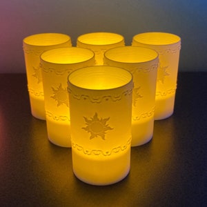 Tangled Lantern Tea Lights - Rapunzel’s Floating Lights - Six (6) warm white 3D printed lanterns with yellow LED tea light candles