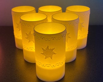 Tangled Lantern Tea Lights - Rapunzel’s Floating Lights - Six (6) warm white 3D printed lanterns with yellow LED tea light candles