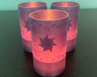 Tangled Lantern Tea Lights - Rapunzel’s Floating Lights - Three (3) purple glitter 3D printed lanterns with warm white LED tea light candles
