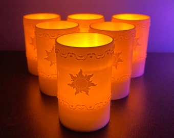 Tangled Lantern Tea Lights - Rapunzel’s Floating Lights - Six (6) warm white 3D printed lanterns with yellow LED tea light candles