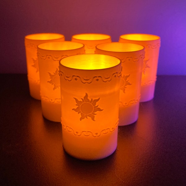 Tangled Lantern Tea Lights - Rapunzel’s Floating Lights - Six (6) warm white 3D printed lanterns with yellow LED tea light candles
