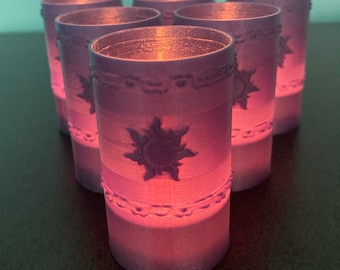 Luces de té de linterna enredada - Luces flotantes de Rapunzel - Seis (6) linternas impresas en 3D de brillo púrpura con velas de luz de té LED blancas
