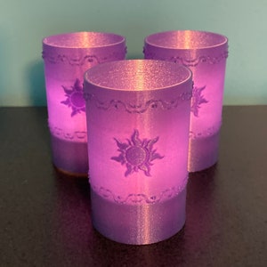 Tangled Lantern Tea Lights - Rapunzel’s Floating Lights - Three (3) purple glitter 3D printed lanterns with warm white LED tea light candles