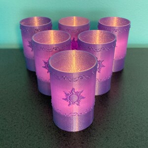 Tangled Lantern Tea Lights - Rapunzel’s Floating Lights - Six (6) purple glitter 3D printed lanterns with white LED tea light candles