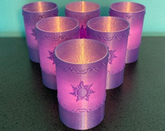 Tangled Lantern Tea Lights - Rapunzel’s Floating Lights - Six (6) purple glitter 3D printed lanterns with white LED tea light candles