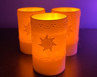 Tangled Lantern Tea Lights - Rapunzel’s Floating Lights - Three (3) warm white 3D printed lanterns with yellow LED tea light candles