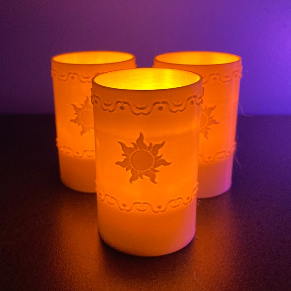 Tangled Lantern Tea Lights - Rapunzel’s Floating Lights - Three (3) warm white 3D printed lanterns with yellow LED tea light candles