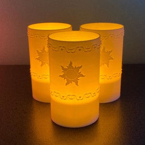 Tangled Lantern Tea Lights - Rapunzel’s Floating Lights - Three (3) warm white 3D printed lanterns with yellow LED tea light candles