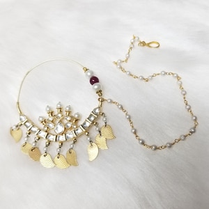 Kundan, Pearl, Gemstone Nose Ring with Chain -  Indian Jewelry