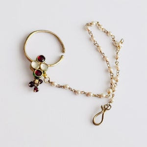 Kundan, Pearl, Gemstone Nose Ring with Chain -  Indian Jewelry