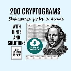 Shakespearean Cryptogram Puzzles (PDF), 200 Famous Classic Quotes for You to Decipher, Printable Instant Download with Hints and Solutions
