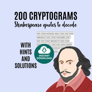 Shakespeare Puzzles, 200 Cryptograms, Famous Classic Quotes for You to Decode, Printable Instant Download with Hints and Solutions