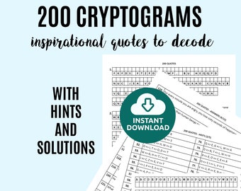 200 Cryptogram Puzzles, Famous Classic Quotes for You to Decode, Printable Instant Download with Hints and Solutions