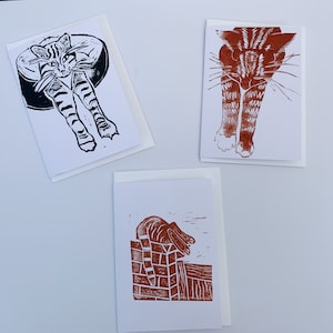 Pack of 3 hand printed linocut cat notecards