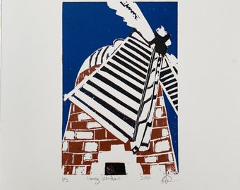 Reduction linocut: ‘Heage Windmill’