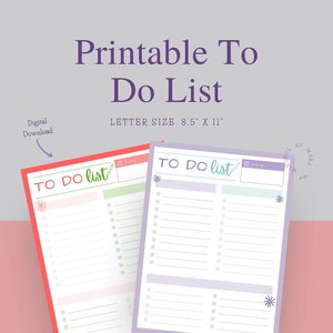 Pode incluir: Dois modelos de lista de tarefas imprimíveis em rosa e roxo com detalhes verdes. Cada modelo tem um espaço para a data e uma lista de 15 itens para marcar. O texto "TO DO list" está escrito em estilo manuscrito.