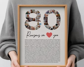 May include: A framed collage print featuring the number 80 composed of small circular photographs. Below the number, the text reads Reasons we love you with a red heart icon, followed by a long list of printed reasons in black text.