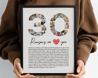 Collage de fotos personalizado con 30 razones por las que te queremos, collage de fotos con el mensaje "Por qué te quiero", regalo para el 30 cumpleaños de un amigo, regalo de aniversario de treinta años.