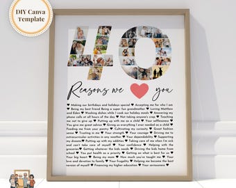 40 Reasons we love you custom Photo Collage, Mom&#39;s 40th Birthday, 40 Things about Dad, Gift for Friend&#39;s 40th Bday, Editable Canva Template