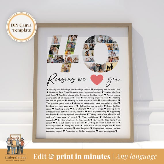 40 Reasons We Love You Photo Collage, Custom Birthday Gift (DIY Canva Template)