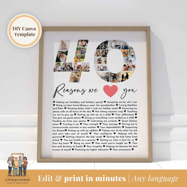 May include: A white framed print with a collage of photos in the shape of the number 40. The text "Reasons we you" is written in black below the photo collage. The text is followed by a list of 40 reasons, each starting with a heart symbol.