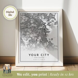 Stampa personalizzata della mappa stradale della città, Mappe su ordinazione, Arredamento moderno da parete da viaggio, Arte da parete con mappa minimalista, Regali per mappe di inaugurazione della casa, Mappa di localizzazione