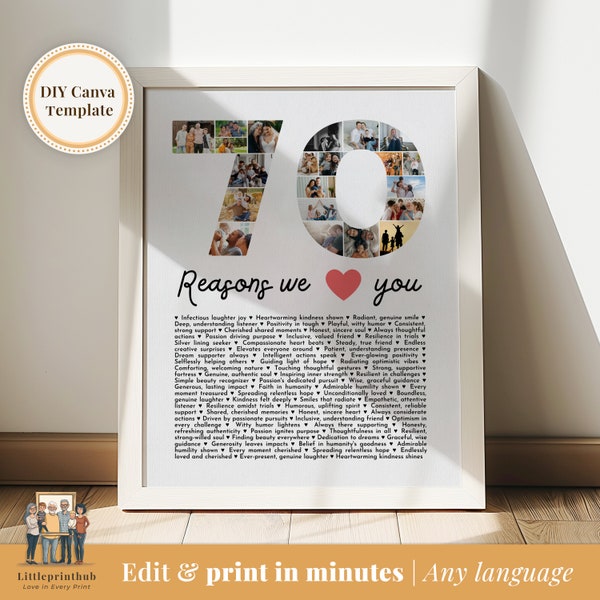 70 Reasons we love you DIY gift, Mom's 70th Birthday Print, 70th birthday decoration, Gift for Best Friend's Bday, Fully Editable Template