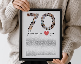 Collage de fotos "70 razones por las que te queremos", regalo de cumpleaños personalizado enmarcado, para seres queridos como cónyuge, madre, padre, mejor amigo/a.