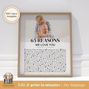 65 Reasons why I love you, Editable Template, Gift for Moms 65th Birthday, Present for Husband&#39;s 65, Dad turning 65, Couple Anniversary Gift