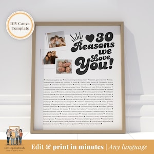 30 Reasons We Love You Custom Photo Collage, Mom's 30th Anniversary, 30th Birthday, 30 Things About Dad, Fully Editable Template on Canva