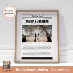 Impresión de votos de boda en periódico personalizado, historia de amor personalizada, regalo de aniversario romántico para él, recuerdo de boda enmarcado para parejas