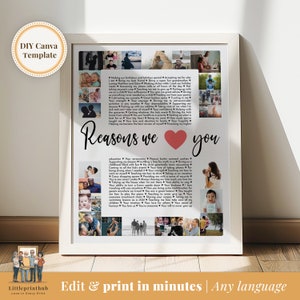Op de afbeelding: Een afdrukbare collage-sjabloon met een witte achtergrond en een roze hart. De collage is gevuld met foto's van een gezin en de tekst "Reasons we love you".