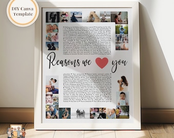 Collage de fotos personalizado con las razones por las que te queremos, 50 cumpleaños de mamá, 40 cosas sobre papá, regalo para el 60 cumpleaños de un amigo, plantilla totalmente editable.