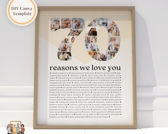 70 motivi per cui ti amiamo - Regalo fai da te, Stampa per il 70° compleanno della mamma, Decorazione per il 70° compleanno, Regalo per il compleanno della migliore amica, Modello Canva modificabile