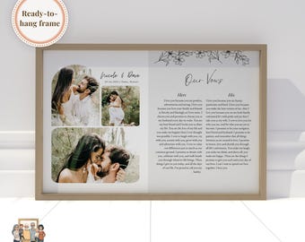May include: A framed wedding vows print featuring four photos of a couple, with the names "Nicole & Dave" and the date "05.26.2022" at the top. The text "Our Vows" is above the vows.