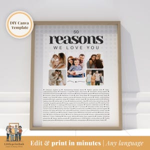 50 Reasons we love you custom Photo Collage, Mom&#39;s 50th Birthday, 50 Things about Dad, Gift for Friend&#39;s 50th Bday, Fully Editable Template
