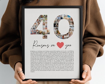 Collage de fotos "40 razones por las que te queremos", regalo de cumpleaños personalizado enmarcado para familiares y amigos.