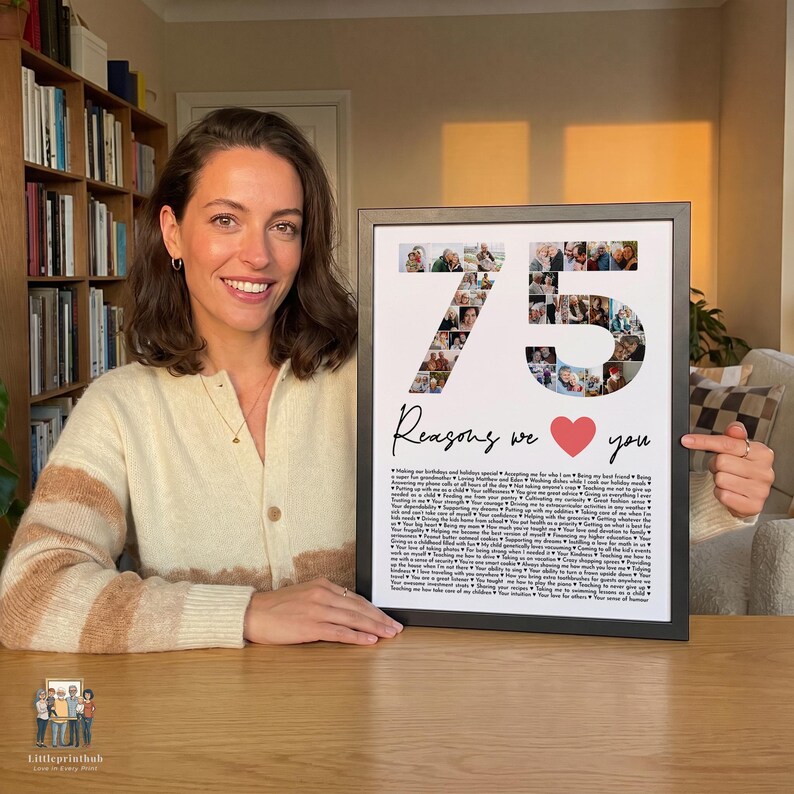May include: A framed personalized photo collage print featuring the number 75 composed of small square photographs, a red heart icon, and a list of 75 reasons printed in black text on a white background, presented in a black rectangular frame.