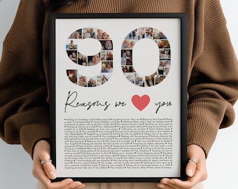 Collage de fotos personalizado con 90 razones por las que te amamos, collage de fotos con la frase "Por qué te amo", regalo para el 90 cumpleaños de un amigo, el 90 cumpleaños de un esposo o esposa.